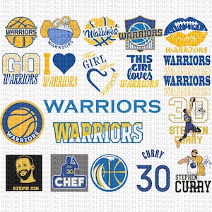 Könnte beinhalten: Eine Sammlung von Designs zum Thema Golden State Warriors mit Logos, Text und Spielerbildern. Die Designs beinhalten das Logo des Teams, die Wörter "Warriors", "Go Warriors", "I Love Warriors", "This Girl Loves Warriors", "Curry 30" und "Stephen Curry".