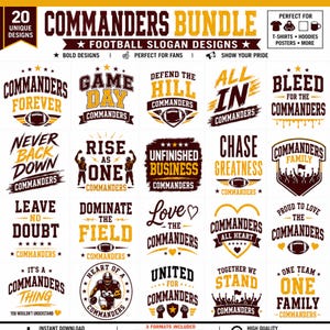 Puede incluir: Un paquete digital de 20 diseños únicos de eslóganes de fútbol americano con el texto Commanders. Los gráficos incluyen varios estilos tipográficos, iconos de balones de fútbol y siluetas en una paleta de granate, oro y blanco.