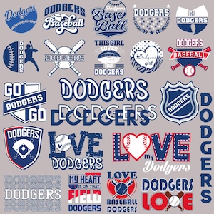 May include: A collection of blue, white, and red graphic designs featuring the word Dodgers, baseball imagery, bats, hearts, and shields. These various logos and typography layouts showcase baseball-themed elements in multiple styles and arrangements.