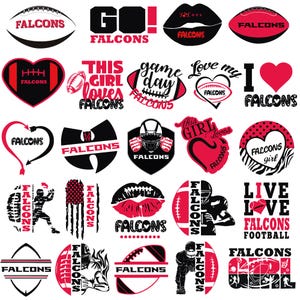 May include: A collection of twenty-five graphic designs featuring the word Falcons in black and pink. The illustrations include footballs, helmets, hearts, lips, and silhouettes of football players, with various text phrases like Game Day and Live Love.