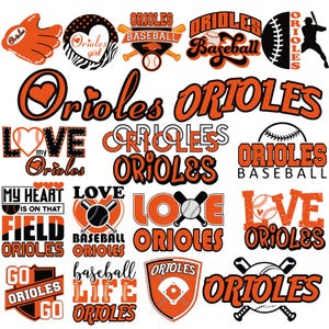Puede incluir: Una colección de diseños gráficos en naranja, negro y blanco con temas de béisbol, incluyendo pelotas, bates, guantes y el texto Orioles. Los diseños incorporan corazones, escudos y siluetas de jugadores en varios estilos tipográficos.