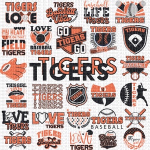 May include: A collection of 20 digital designs featuring the word "Tigers" in various styles and colors. The designs include baseball bats, hearts, and other sports-related imagery.