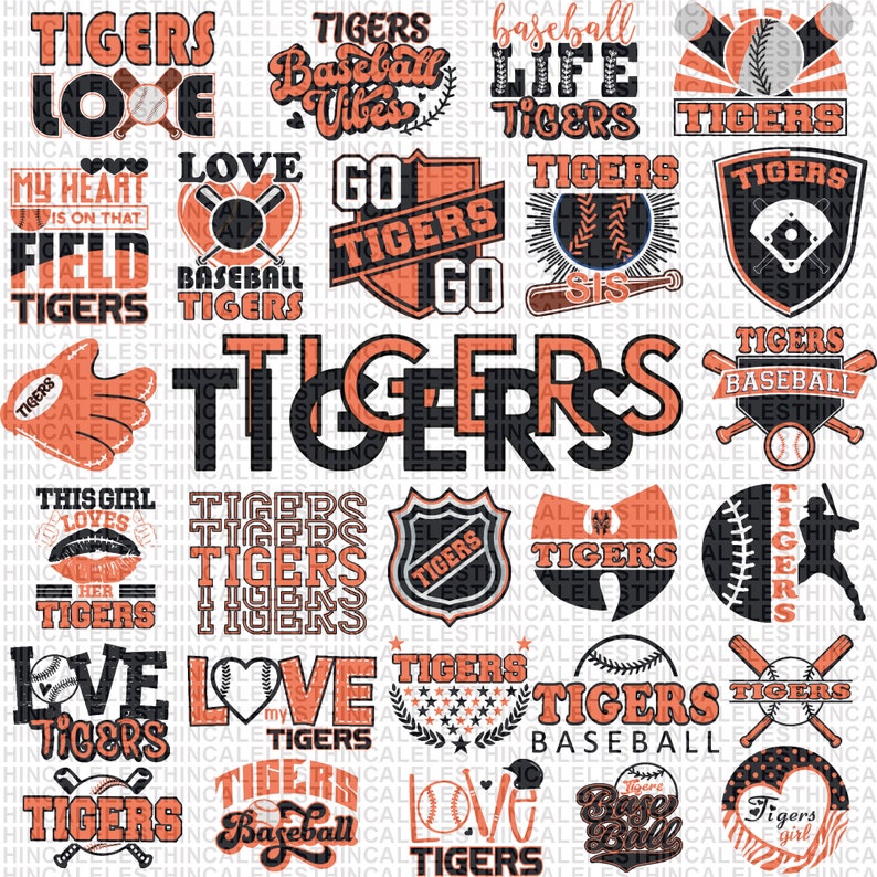 May include: A collection of 20 digital designs featuring the word "Tigers" in various styles and colors. The designs include baseball bats, hearts, and other sports-related imagery.