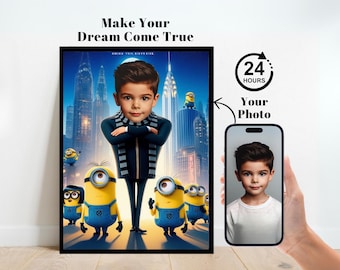 Personligt Minionporträtt, Anpassat Minionporträtt, Minions födelsedagsinbjudan, Minions födelsedagsbakgrund, Minionspresent, Present till barn, Gru