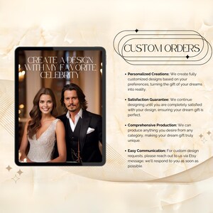 May include: A digital tablet screen displaying a design service for creating custom gifts featuring a favourite celebrity. The text on the screen reads "Create a design with my favourite celebrity". The image also includes text describing the service's features, including personalised creations, satisfaction guarantee, comprehensive production, and easy communication.