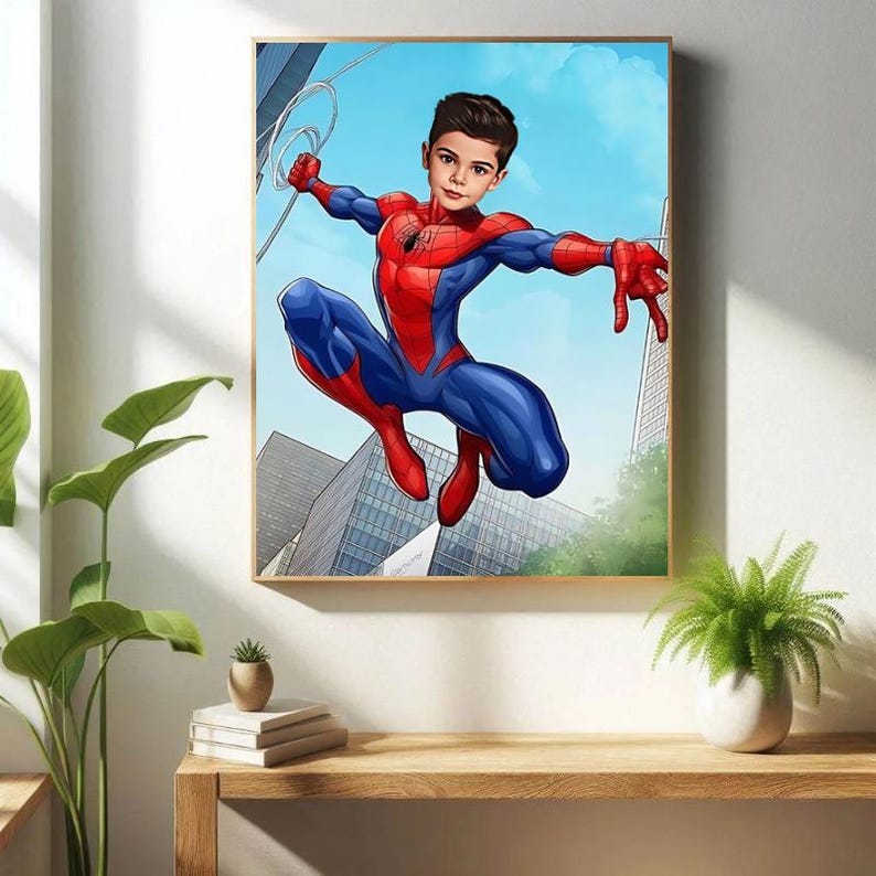 以下が含まれることがあります： 街の風景を背景に、スパイダーマンの衣装を着た若い男の子がウェブでスイングしているデジタルペイント。男の子は胸にスパイダーのロゴが付いた赤と青のスパイダーマンの衣装を着ています。彼はウェブからスイングしており、街の建物が背景に見えます。