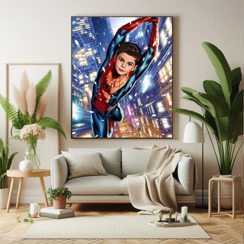 K&ouml;nnte beinhalten: Ein junger Mensch, der als Spiderman verkleidet ist, schwingt sich durch eine Stadtszene. Der Hintergrund ist ein verschwommener Blick auf Lichter und Geb&auml;ude. Die Person tr&auml;gt einen roten und blauen Anzug mit einem Spinnenlogo auf der Brust.