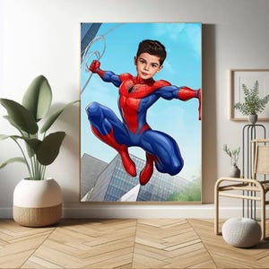 以下が含まれることがあります： 街の風景の中で空を飛ぶスパイダーマンに扮した子供のデジタルペイント。子供は胸にクモのロゴが付いた赤と青のスパイダーマンの衣装を着ています。背景は白い雲のある青い空です。