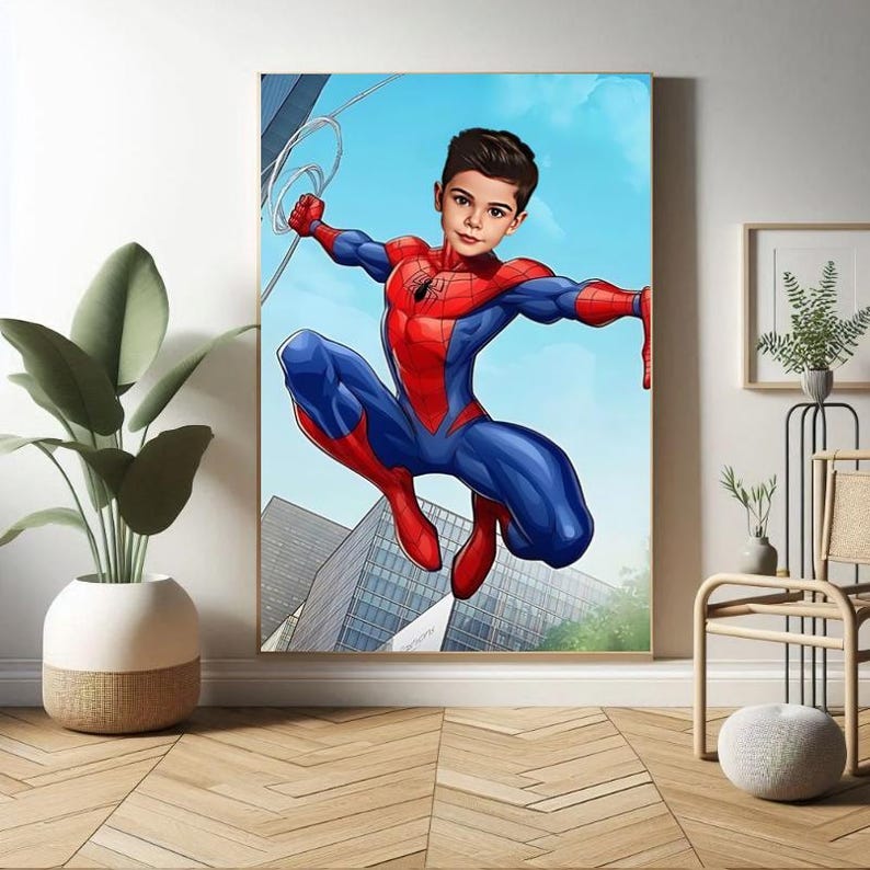 以下が含まれることがあります： 街の風景の中で空を飛ぶスパイダーマンに扮した子供のデジタルペイント。子供は胸にクモのロゴが付いた赤と青のスパイダーマンの衣装を着ています。背景は白い雲のある青い空です。