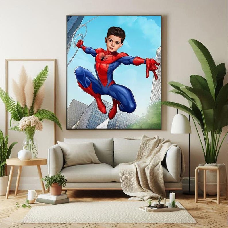 以下が含まれることがあります： 赤いスーツを着たスパイダーマンに扮した子供のデジタルペイント。街並みを背景にスイングしている。
