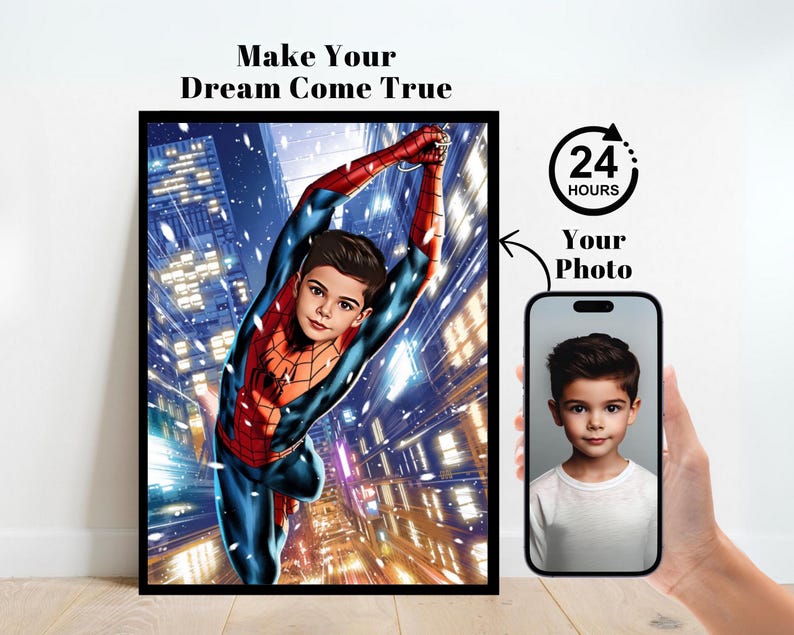 K&ouml;nnte beinhalten: Eine digitale Illustration eines Kindes, das als Spiderman verkleidet ist und nachts durch eine Stadt schwingt. Das Bild ist ein personalisiertes Produkt, bei dem Sie Ihr eigenes Foto in das Gesicht des Kindes einf&uuml;gen k&ouml;nnen.