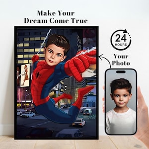 以下が含まれることがあります： 街をスイングするスパイダーマンに扮した子供のデジタルイラスト。画像はカスタマイズ可能なテンプレートで、子供の写真を顔に貼り付けることができます。