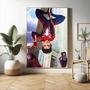 May include: A digital illustration of Spider-Man hanging upside down in a city setting. Two people are taking pictures of him with their phones.
