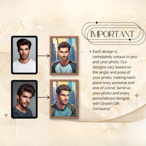 K&ouml;nnte beinhalten: Zwei Beispiele f&uuml;r benutzerdefinierte Portr&auml;tillustrationen. Das erste Bild zeigt ein Foto einer Person, das zweite Bild zeigt eine Cartoon-Illustration derselben Person. Der Text unter den Bildern lautet: "Jedes Design ist einzigartig f&uuml;r Sie und Ihr Foto. Unsere Designs variieren je nach Winkel und Pose Ihres Fotos, wodurch jedes St&uuml;ck wirklich pers&ouml;nlich und einzigartig wird. Senden Sie uns Ihr Foto und genie&szlig;en Sie ein individuelles Design mit Dream Gift Company!"