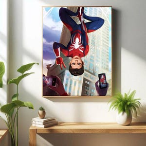 May include: A digital illustration of a superhero in a red and blue suit with a spider logo on the chest, hanging upside down in front of a tall building. Two people are taking pictures of the superhero with their phones.