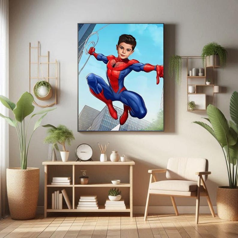 以下が含まれることがあります： 街の風景の中で空を飛ぶスパイダーマンに扮した子供のイラストが額装されています。イラストは、鮮やかな色と太い線で描かれた漫画風です。