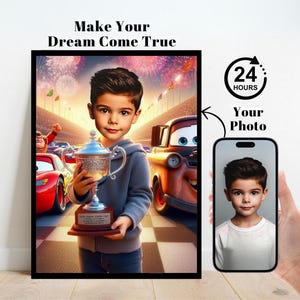 May include: A framed digital portrait of a young boy holding a trophy, set against a race car backdrop. The image includes the text "Make Your Dream Come True" and a phone displaying a similar image of the boy.