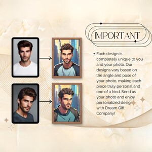 May include: Two images demonstrate the difference between a standard photograph and a bespoke illustration. The top image displays a man's photograph in a white frame. The bottom image showcases a custom illustration of the same man in a brown frame. The illustration is in a comic book style with a city skyline in the background. The text on the right side of the image reads "IMPORTANT: Each design is completely unique to you and your photo. Our designs vary based on the angle and pose of your photo, making each piece truly personal and one of a kind. Send us your photo and enjoy personalised design with Dream Gift Company!"