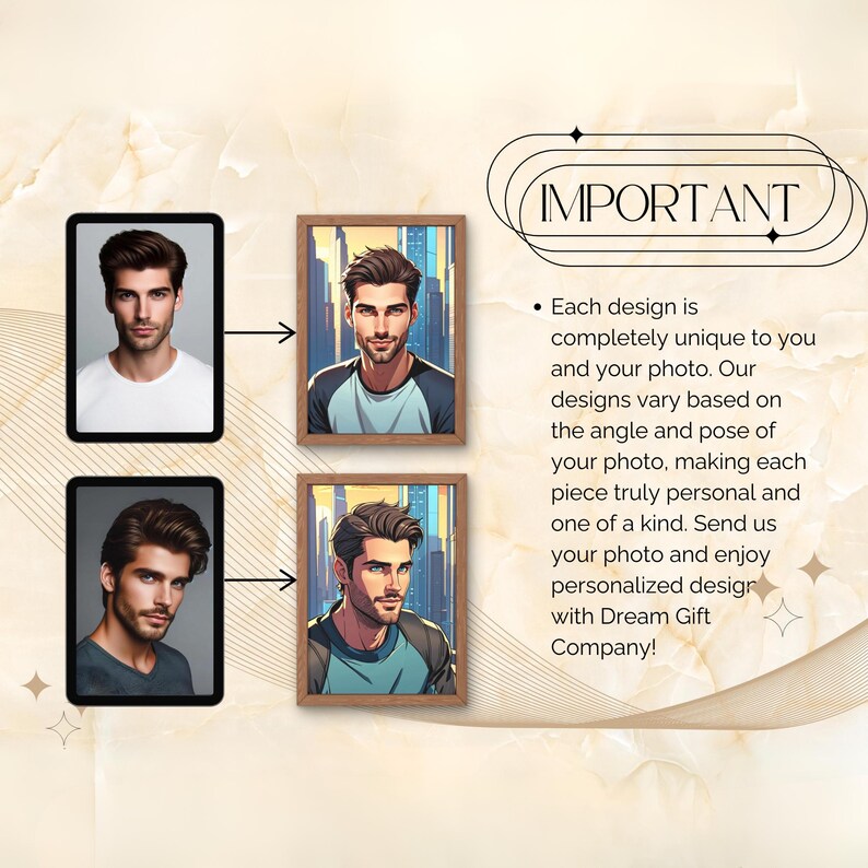 May include: Two images demonstrate the difference between a standard photograph and a bespoke illustration. The top image displays a man's photograph in a white frame. The bottom image showcases a custom illustration of the same man in a brown frame. The illustration is in a comic book style with a city skyline in the background. The text on the right side of the image reads "IMPORTANT: Each design is completely unique to you and your photo. Our designs vary based on the angle and pose of your photo, making each piece truly personal and one of a kind. Send us your photo and enjoy personalised design with Dream Gift Company!"