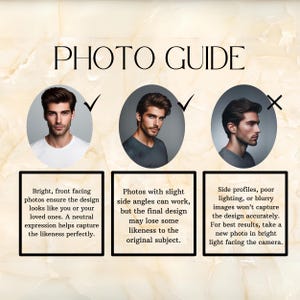 K&ouml;nnte beinhalten: Foto-Anleitung f&uuml;r Portr&auml;tfotos, die f&uuml;r individuelles Design verwendet werden. Der Leitfaden zeigt drei Beispiele f&uuml;r Fotos: ein helles, frontal aufgenommenes Foto, ein Foto mit einem leichten seitlichen Winkel und ein Profilfoto. Der Leitfaden erkl&auml;rt, dass helle, frontal aufgenommene Fotos am besten geeignet sind, um die &Auml;hnlichkeit einzufangen, w&auml;hrend seitliche Winkel funktionieren k&ouml;nnen, aber m&ouml;glicherweise etwas &Auml;hnlichkeit verlieren, und Profilfotos nicht empfohlen werden.