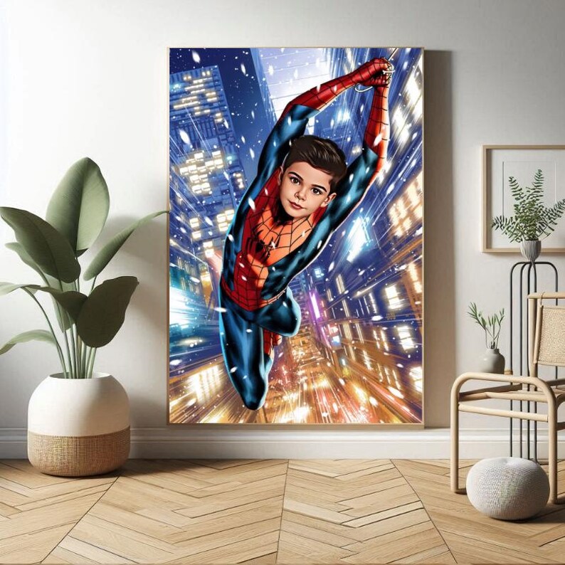 K&ouml;nnte beinhalten: Eine digitale Illustration eines Kindes, das als Spiderman verkleidet ist und nachts durch eine Stadt schwingt. Die Illustration ist im Comic-Stil gehalten mit leuchtenden Farben und einer dynamischen Pose.