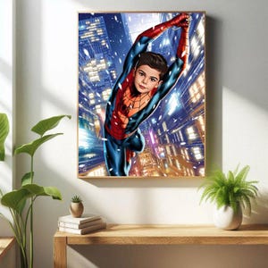 K&ouml;nnte beinhalten: Ein digitales Gem&auml;lde eines Kindes, das als Spiderman verkleidet ist und nachts durch eine Stadt schwingt. Das Kind tr&auml;gt einen roten und blauen Spiderman-Anzug mit einem Spinnennetz-Design. Die Stadt ist mit Lichtern beleuchtet und es schneit.
