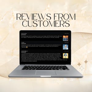 May include: Laptop screen displaying customer reviews for a personalised portrait service. The reviews are positive and highlight the quality of the artwork and the service provided. The text includes the words "Reviews from Customers" and "Absolutely amazing!"