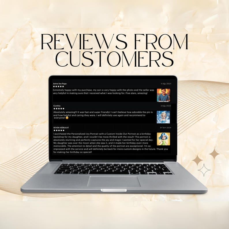 May include: Laptop screen displaying customer reviews for a personalised portrait service. The reviews are positive and highlight the quality of the artwork and the service provided. The text includes the words "Reviews from Customers" and "Absolutely amazing!"