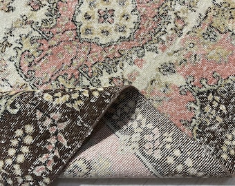 Vintage Turkish Oushak Wool Rug: 4x6.6 Pink Brown Green Area Rug
