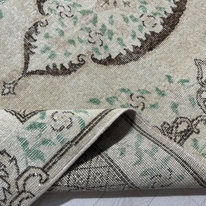 4x7 Vintage Turkish Oushak Rug: Beige, Brown & Green Wool