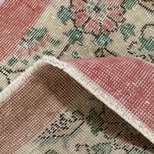 Handmade Oushak Wool Rug: 4x7 Pink, Beige & Green Vintage Turkish Rug