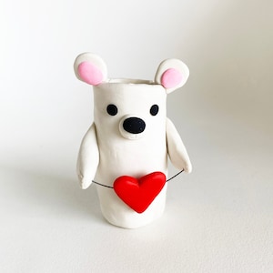 Heart-Holding Bear Vase - Polymer Clay Sculpture, Figurine, One-of-a-Kind Whimsical Delight