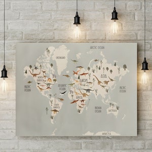 Mappa a tema dinosauri Mappa del mondo per bambini Appeso a parete Decorazione per la scuola domestica Arte da parete per la stanza dei bambini Cartello con mappa a tema dinosauri per la stanza dei bambini