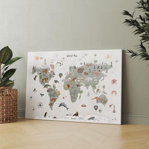 Bambini Mappa a tema animale Tela appesa Mappa della stanza dei bambini Mappa del mondo Arazzo Mappa del mondo con animali Casa Scuola Arte murale