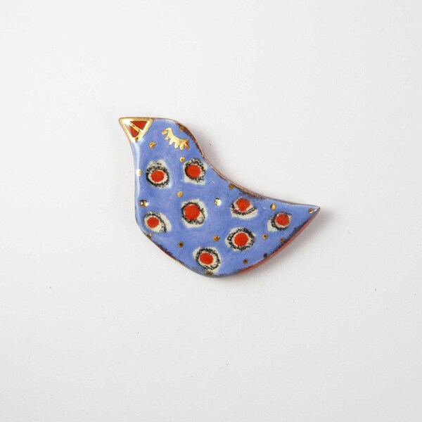 Ceramic brooch multicolored  bird  gold blue red