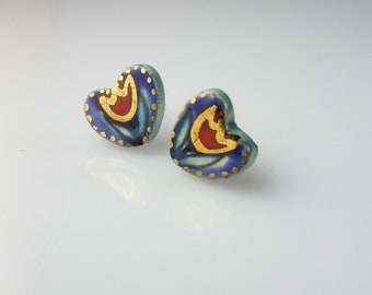 Gold multicolor heart chip ceramic earrings