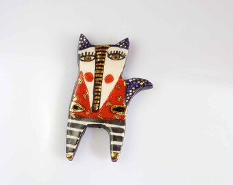 Broche céramique renard multicolore or