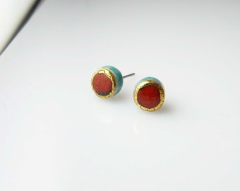 Boucles d'oreille céramique puces cercles rouge turquoise or