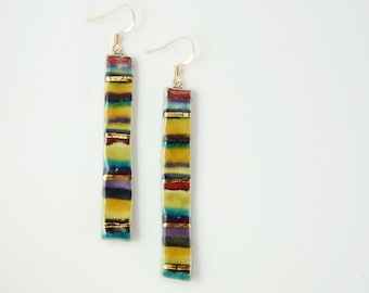 Boucles d'oreilles céramique multicolore  or long lignes