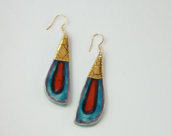 Boucles d'oreilles multicolore turquoise  bleu rouge violet or