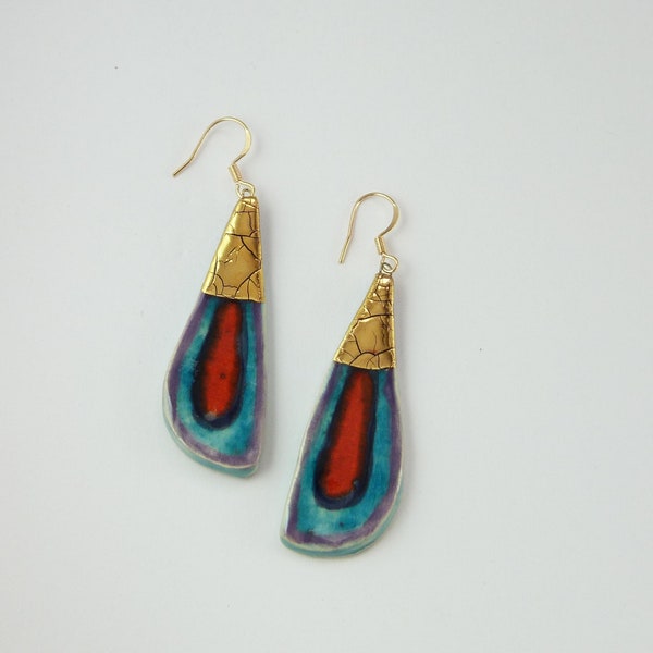 Boucles d'oreilles multicolore turquoise  bleu rouge violet or