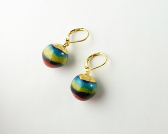 Boucles d'oreilles céramique boules balles multicolore or