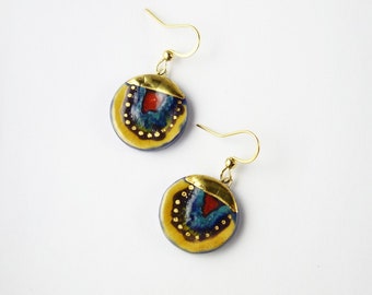 Boucles d'oreilles multicolore or jaune bleu turquoise violet rouge cercle