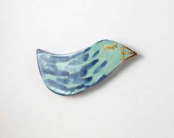 Ceramic brooch bird turquoise blue gold