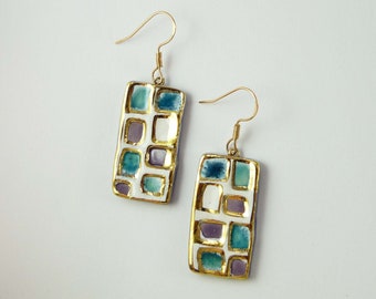 Rectangular ceramic earrings white turquoise purple gold