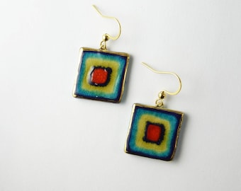 Square gold multicolor ceramic earrings