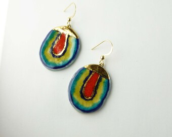 Boucles d'oreilles multicolore turquoise bleu vert violet rouge or