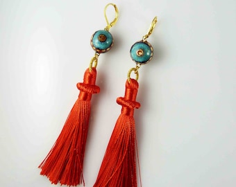 Multicolored ceramic earrings long tassel