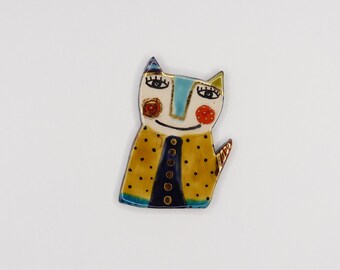 Broche céramique chat multicolore or points