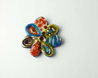 Ceramic brooch flower red blue purple yellow green turquoise gold dots